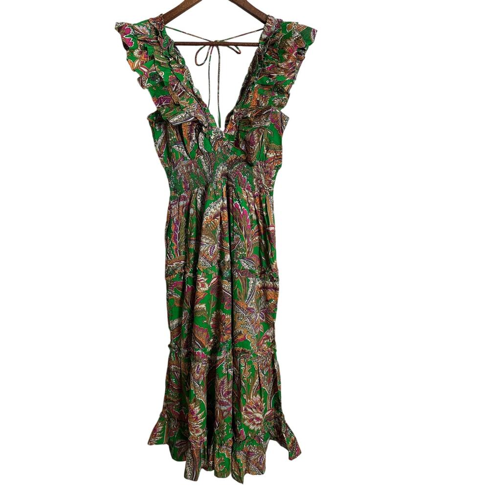 House of Harlow 1960 Maxi Dress Tropical Ruffled Smocked Pockets Womans Large
